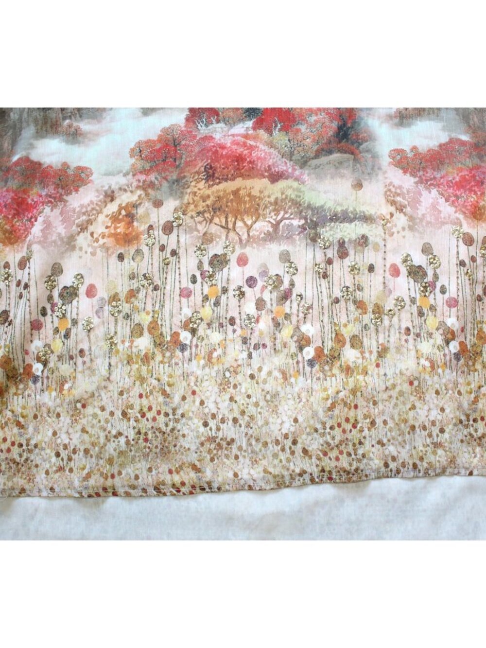 V Cristina Tunic Blouse Watercolor Landscape Print Size XL Sequins Pearl Buttons - Picture 6 of 8